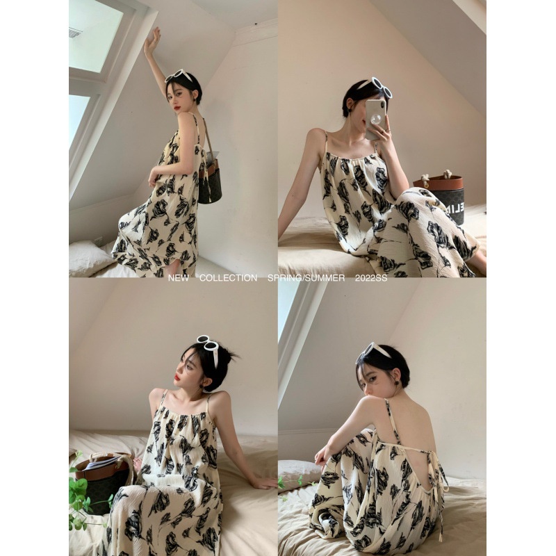 Váy hai dây kiểu Pháp mùa hè nữ phong cách Hepburn, váy dài trung bình rộng rãi chỉ có tại LUXIEU GARDEN🌸