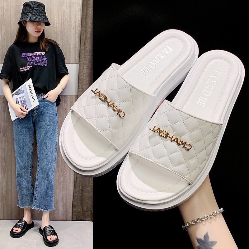 DÉP LÊ NỮ, THỜI TRANG TRẦN TRÁM ĐẾ BÁNH MÌ QUAI NGANG ROSA GẮN CHỮ DD-0282