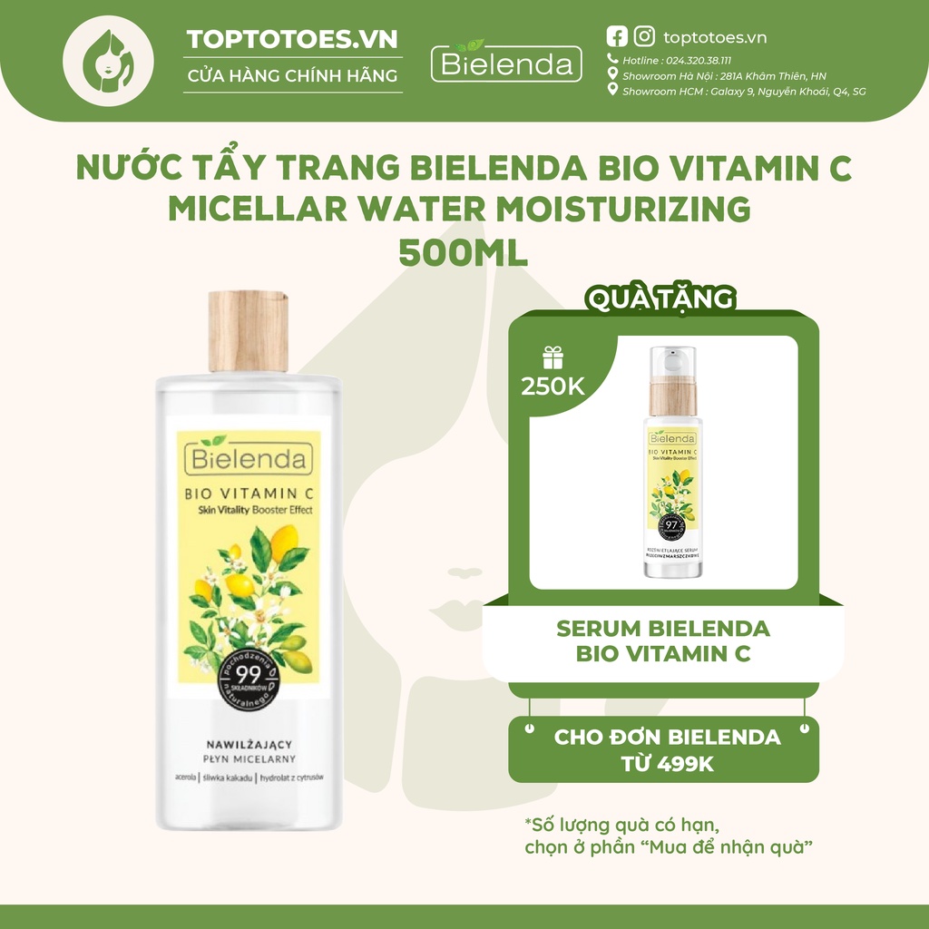 Nước tẩy trang Bielenda Bio Vitamin C Micellar Water Moisturizing 500ml tẩy sạch êm ái, sáng mịn làn da