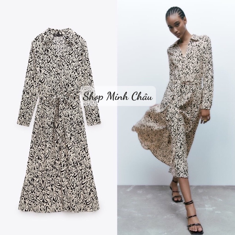 (Sẵn)Váy midi cổ bẻ hoạ tiết mầu be Zarraa canh sale