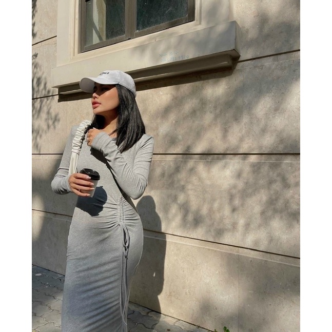 Đầm ôm body cổ tròn tay dài dáng dài rút dây hông cực tôn dáng