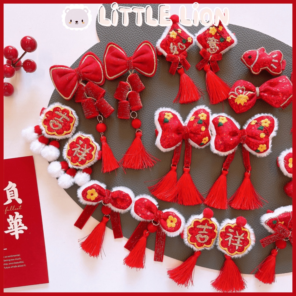 Kẹp Tóc Bông Hoa Màu Đỏ Lấp Lánh Phong Cách Trung Hoa Dễ Thương Cho Bé Gái Dịp Lễ Tết Năm Mới