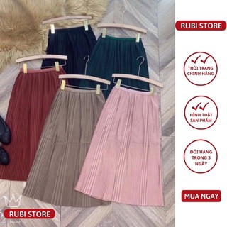 Chân váy dập li nhỏ LINH RUBI STORE cạp chun dáng xòe dài qua gối V016