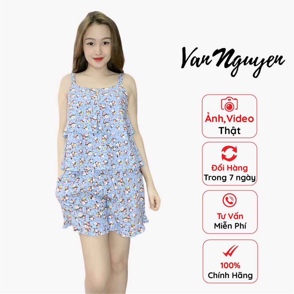 Đồ Bộ Đùi Vân Nguyễn - Chất Tằm Ý Mềm Mại Thiết Kế Áo 2 Dây Phối Tầng Họa Tiết Hoa Nhí Tôn Vẻ Dịu Dàng Cho Nàng - B68