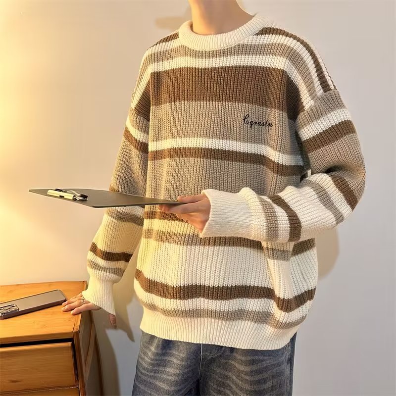 Áo Sweater Dệt Kim Tay Dài Cổ Tròn Họa Tiết Kẻ Sọc Thời Trang Thu Đông 2022 Cho Nam