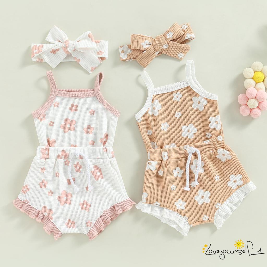 Bộ Áo Liền Quần Hai Dây Phối Bèo + Quần Short + Băng Đô Họa Tiết Hoa Thời Trang Mùa Hè Cho Bé Gái B930