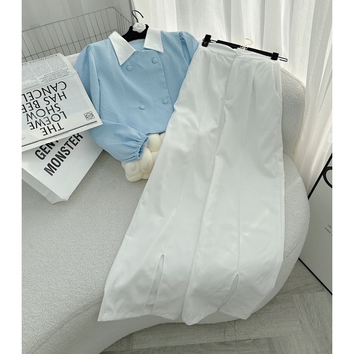 SET ÁO XANH XỐP TAY BO ĐÍNH NÚT CỔ TRẮNG + QUẦN SUÔNG TRẮNG XẺ (TH)