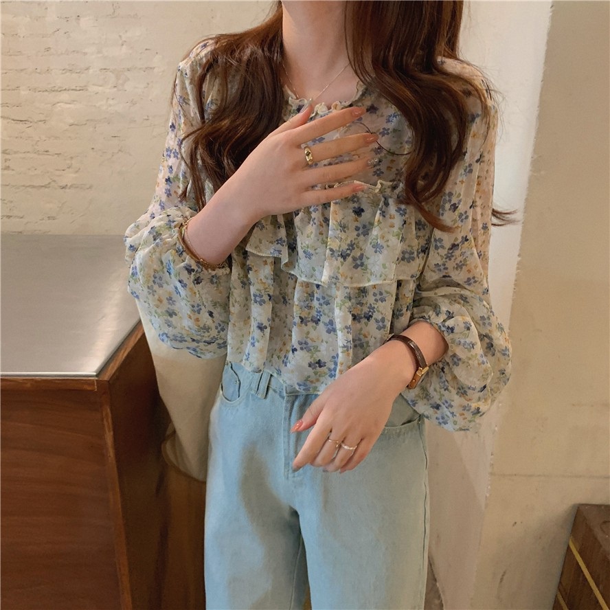 Áo sơ mi hoa nhí, áo voan dài tay in hoa thiết kế dáng rộng xinh xắn phong cách Hàn Quốc