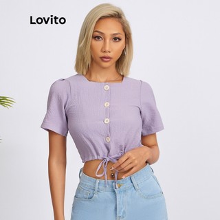 Áo kiểu Lovito vải dệt chéo sợi cổ vuông phối dây rút phong cách thường ngày L18X019 (Màu trắng/tím)