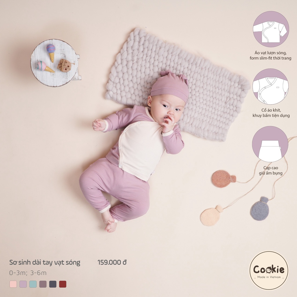 [COOKIE] Bộ sơ sinh dài tay vạt sóng cho bé 0-3m & 3-6m