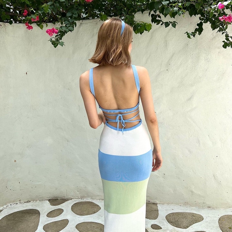 Đầm Dài Dệt Kim Không Tay Cổ Chữ U Hở Lưng Màu Trơn Họa Tiết Kẻ Sọc Thời Trang Cho Nữ