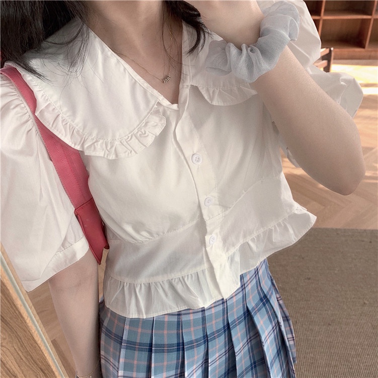 Áo sơ mi nữ Goness cộc tay ngắn tiểu thư cổ tròn dáng croptop thiết kế phong cách nhẹ nhàng thanh lịch