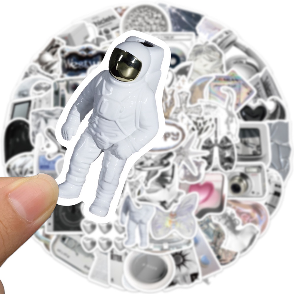 Combo 50 Sticker MÀU TRẮNG XÁM KIM LOẠI AESTHETIC HIỆN ĐẠI hình dán chống nước dán mũ bảo hiểm, laptop, vali, điện thoại