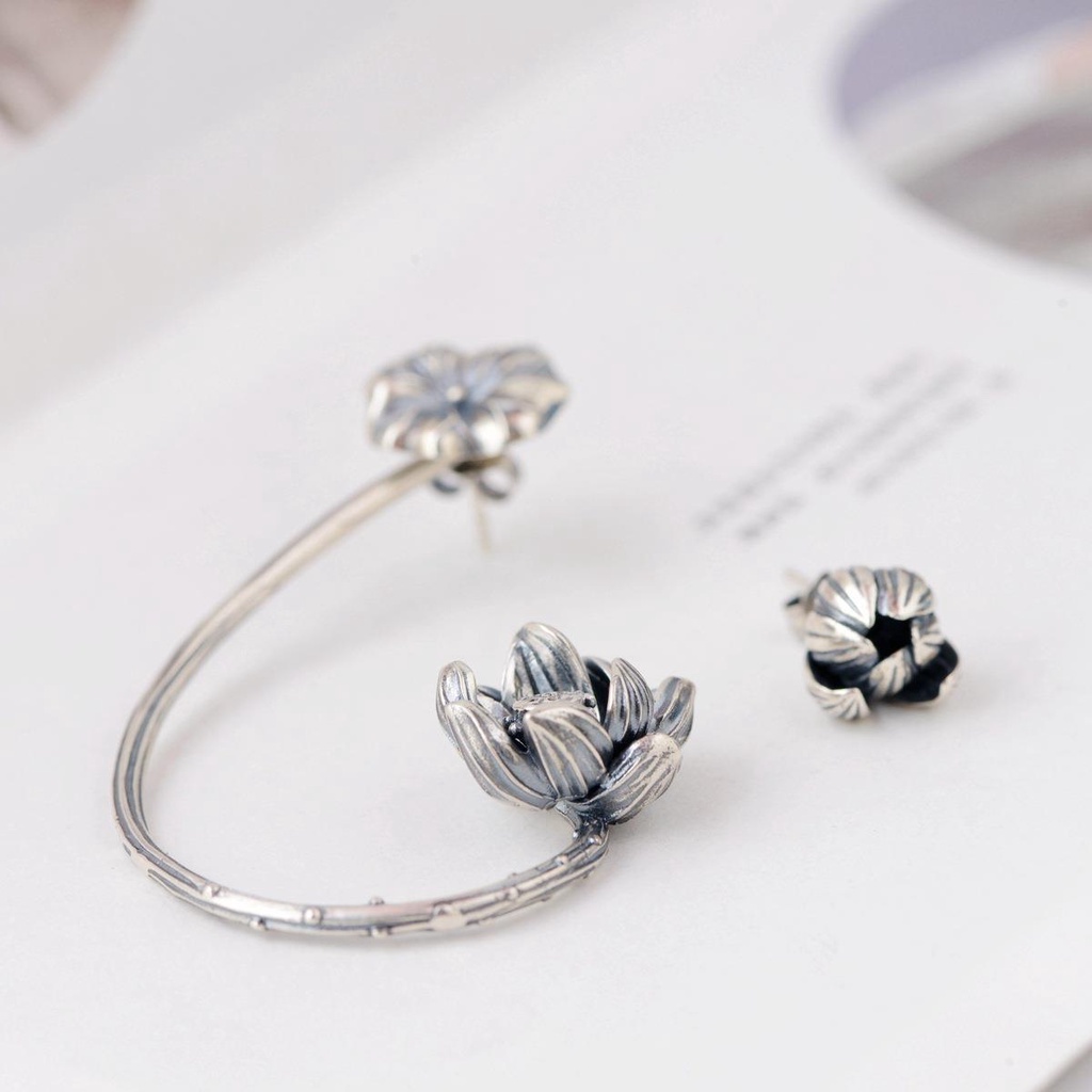 Miyan Bông Tai Mạ Bạc 925 Hình Hoa Sen Phong Cách retro