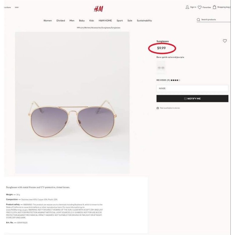 Kính H&M unisex auth