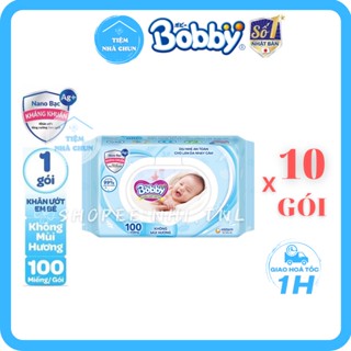 Lốc 10 Gói 100 Miếng Khăn Giấy Ướt Em Bé Bobby Care Không Mùi/ Không Hương (Bobby Xanh) - NHI.TNL