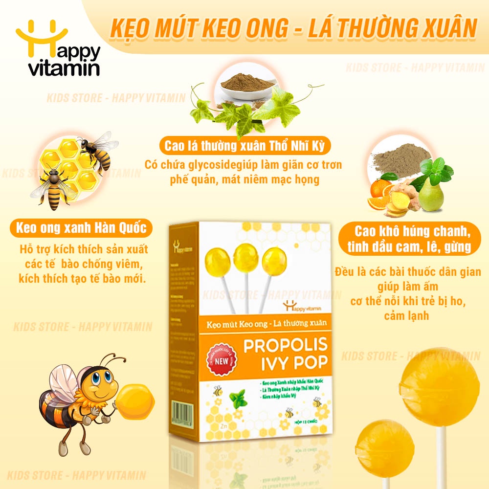 Kẹo mút ho keo ong lá thường xuân Happy Vitamin hỗ trợ ngăn ngừa ho, viêm họng, khản tiếng, bảo vệ vòm họng 12 que/hộp