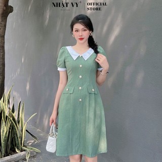 Đầm dự tiệc Nhật Vy tay phồng cổ V đính cúc dáng ôm chất linen phù hợp công sở du lịch sang trọng - D2606