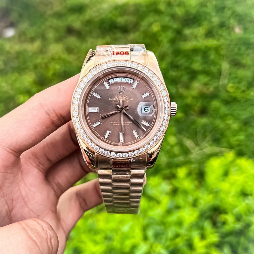 Đồng Hồ Nam RoLex Sapphire RA88 NÂU Chocolate giờ vạch Viền đá Máy cơ Automatic Nhật
