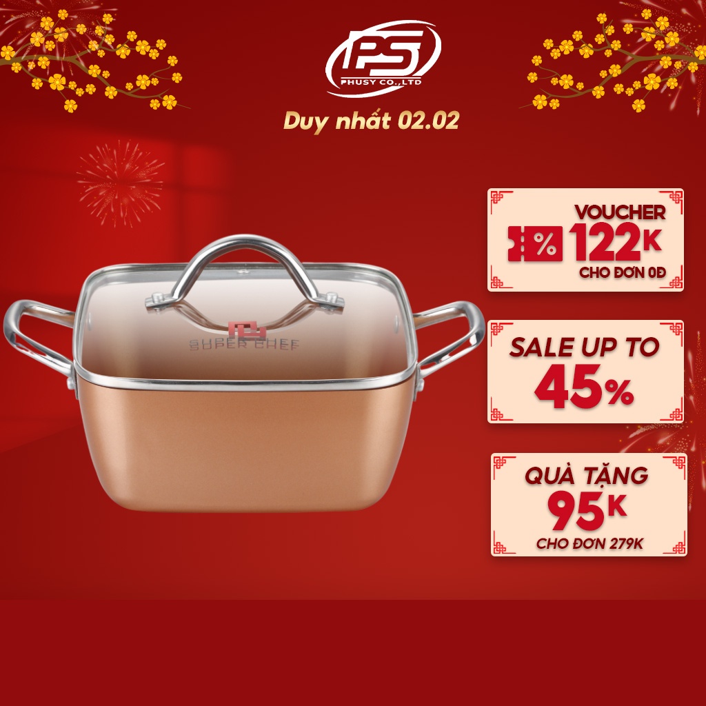 Nồi Lẩu Vuông Nắp Kính Super Chef Hợp Kim Tráng Men Đáy Từ Cao Cấp Đường Kính 20,24cm Dùng Được Cho Mọi Loại Bếp