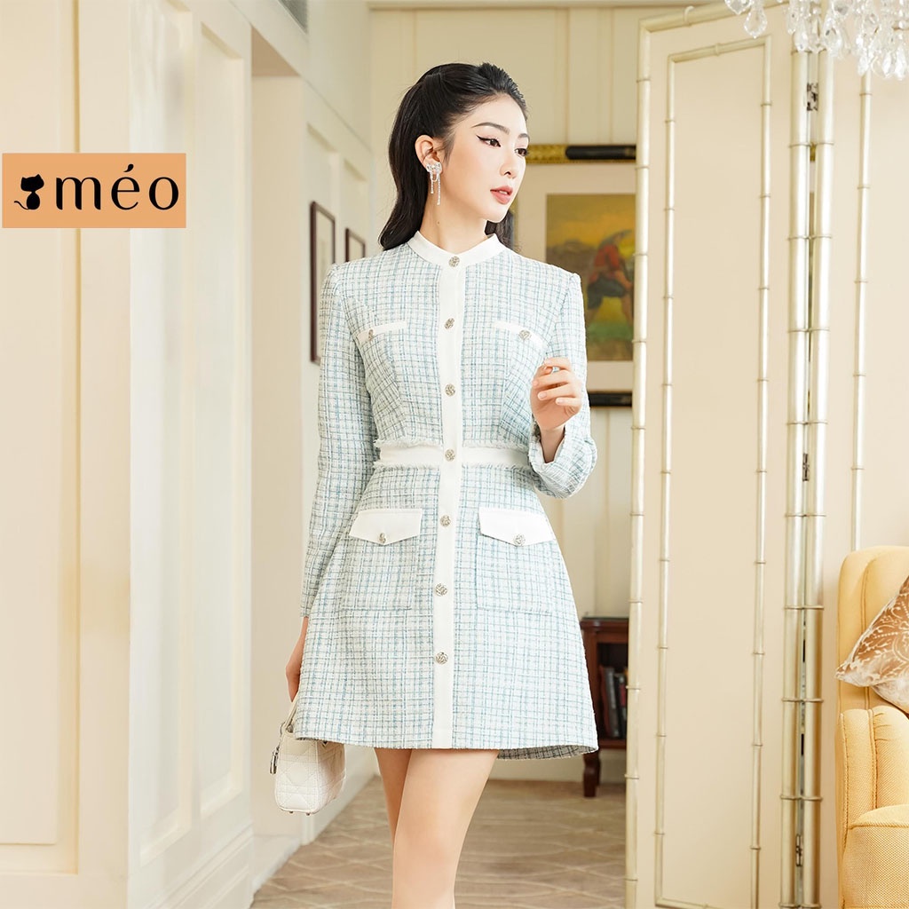 Đầm nữ thiết kế Méo shop dạ tweed dài tay cổ tròn phối cúc Rony