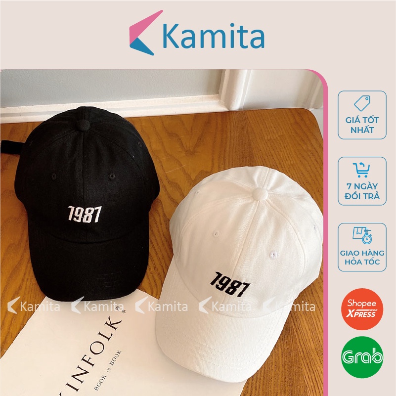 Mũ Lưỡi Trai, Nón Lưỡi Trai KAMITA Thêu Chữ 1987 Nam Nữ Hàn Quốc, Nón Kết Đen Be Đẹp Vải Kaki Cao Cấp Chính Hãng KM13