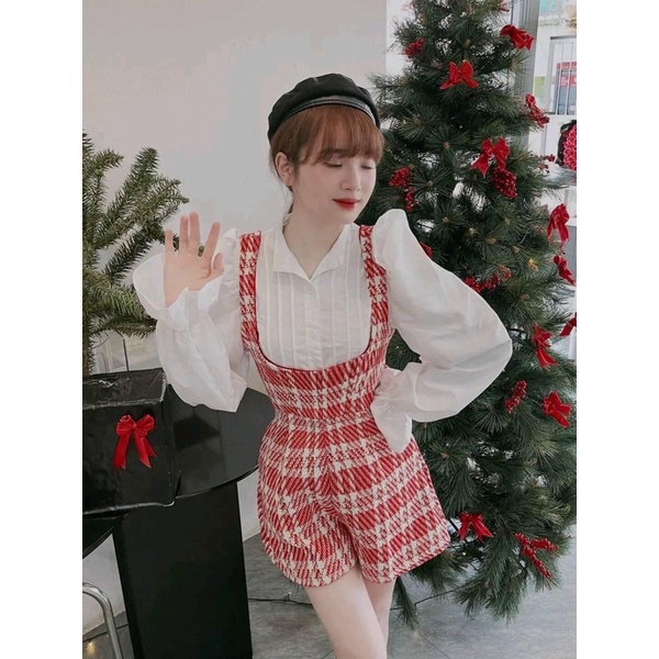 SET Yếm quần đỏ/caro kèm Áo sơ mi trắng tay phồng NÀNG CLOSET