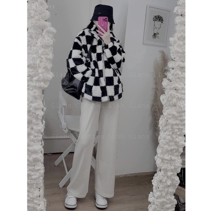 Khoác Lông Thỏ Caro Nam Nữ Cổ Bẻ Dáng Rộng Unisex Lông Cừu Quảng Châu Uzzlang - Áo Phao Mùa Đông