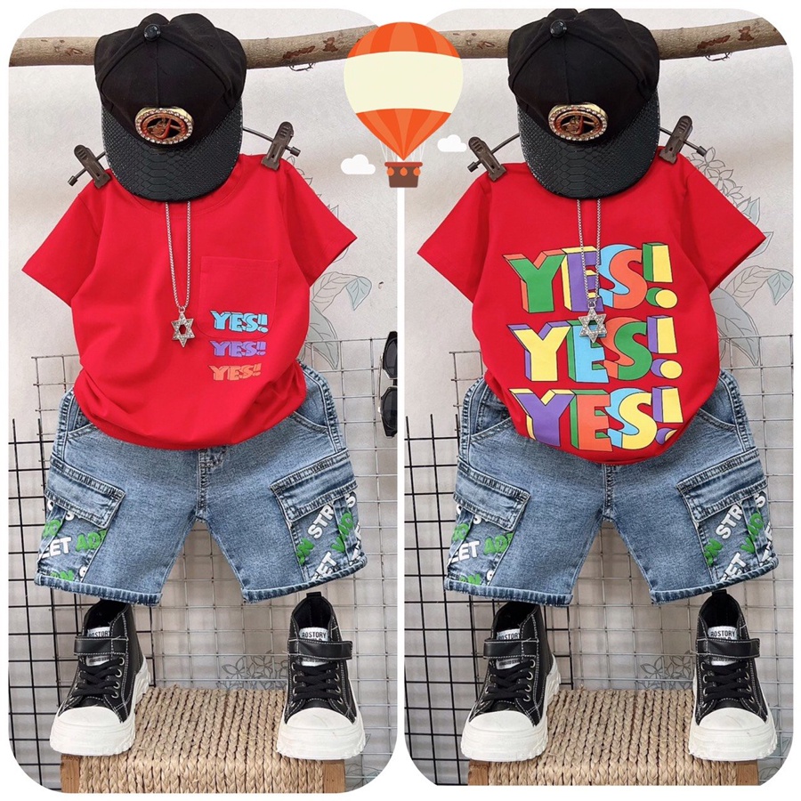 Quần áo bé trai, bộ jean túi hộp chữ Yess cool ngầu cho bé trai từ 10 đến 55 kg