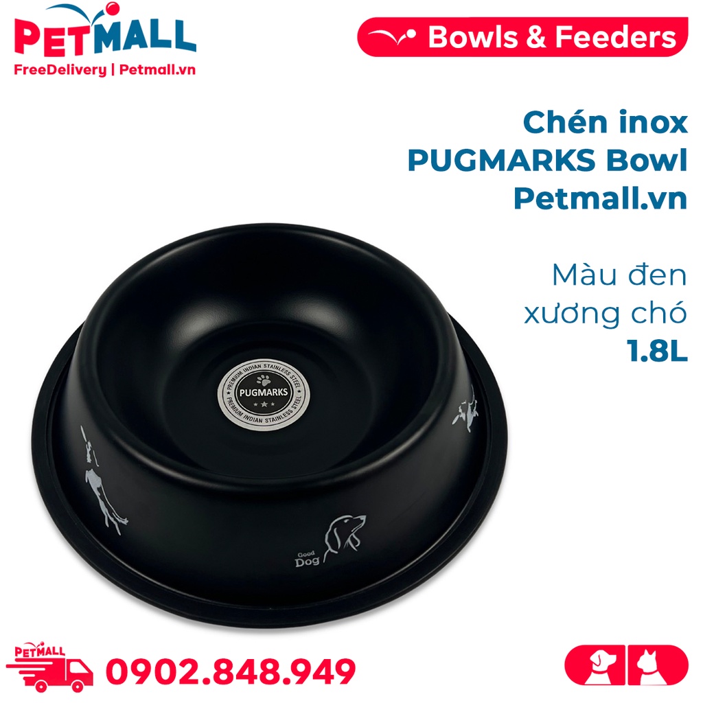 Chén inox PUGMARKS Bowl 1.8L - Màu đen xương chó Petmall