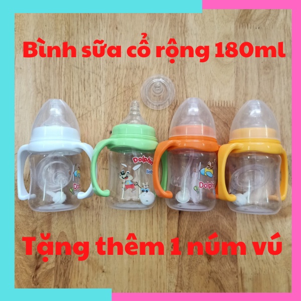 Bình sữa cổ rộng 180ml Dophin tặng thêm 1 núm vú siêu mềm chống đầy hơi, chống sặc cho bé (Không BPA)
