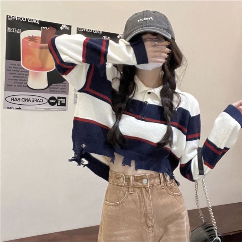 Áo thun dáng ngắn tay dài kẻ sọc ngang thời trang cho nữ VEN022 | BigBuy360 - bigbuy360.vn