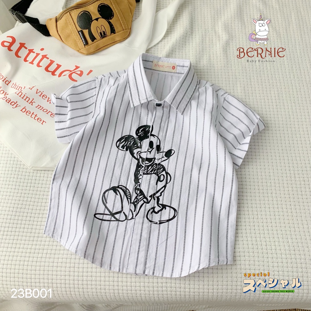 Bộ sơ mi kẻ sọc hoạ tiết mikcy cá tính cho bé trai, set sơ mi kèm quần kaki bé trai sành điệu