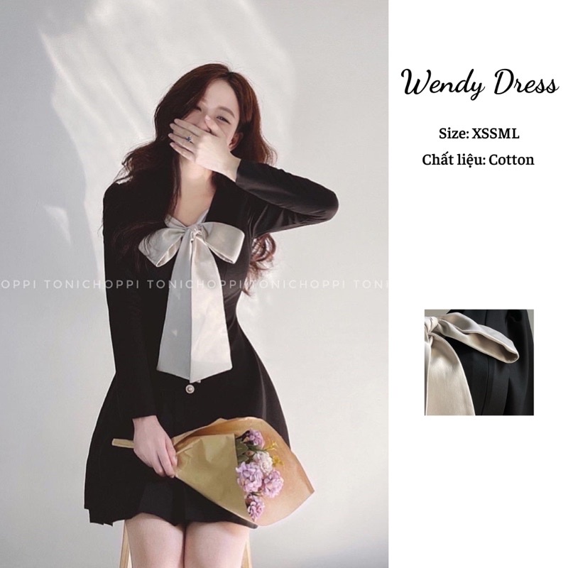 Wendy dress Đầm tay dài đen thắt nơ to siêu tôn dáng - ToniChoppi