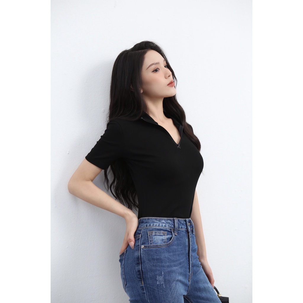 Áo thun POLO tay ngắn - Áo kiểu cổ bẻ dáng ôm basic chất cotton zip co giãn phối khóa kéo sexy, TRENDYTOP | BigBuy360 - bigbuy360.vn