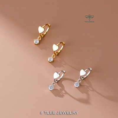 Khuyên tai bạc nữ TLEE mẫu tròn trái tim đính tua đá mini đeo dáng ngắn TLEE JEWELRY B0381