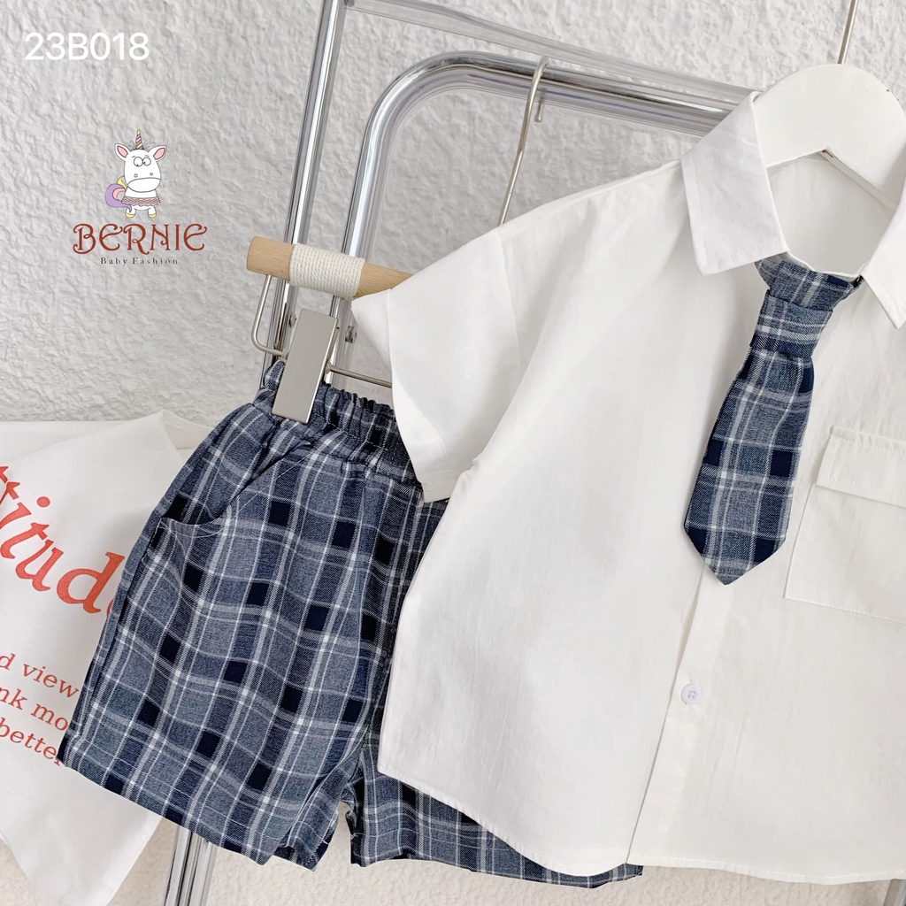Set sơ mi cộc tay quần kẻ Bernie kèm cà vạt cho bé