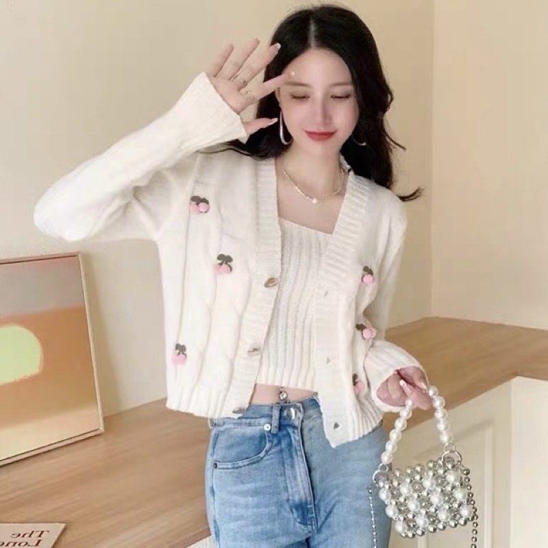 Set 2 Món Áo Cardigan + Croptop 2 Dây Tay Bồng Trái Đào Hồng Xinh Xắn