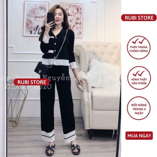 Sét bộ nữ LINH RUBI STORE sét áo len bèo đính khuy phối quần dài chất len đanh cao cấp