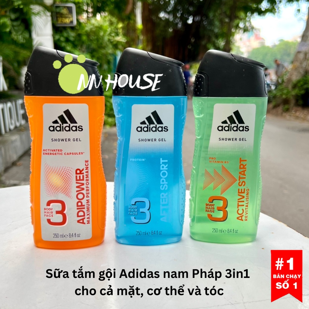 Sữa tắm gội nam 3 in 1 Adidas Pháp 3in1 mặt, cơ thể và tóc hương thơm men, shower gel khử mùi, dưỡng ẩm body wash, hair