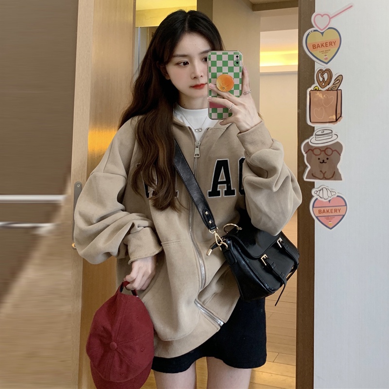 Áo Khoác Hoodie Dáng Rộng Thêu Chữ Phong Cách Hàn Quốc Thời Trang Mùa