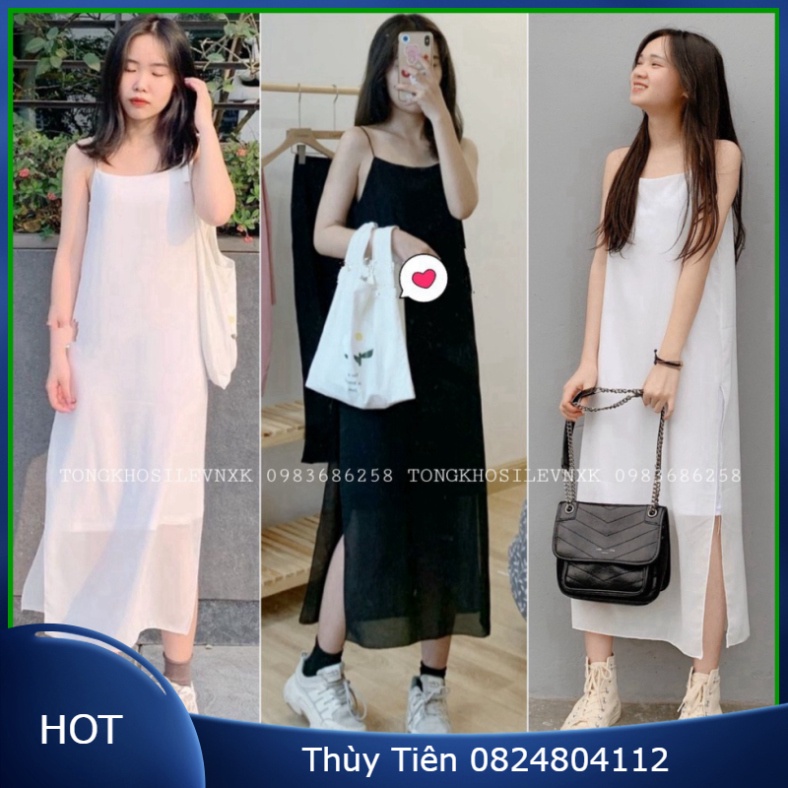 (VNXK RẺ) VÁY HAI DÂY MAXI VOAN DÀI HOT - ĐẦM SUÔNG 2 LỚP MÀU TRẮNG ĐEN 👗 💝