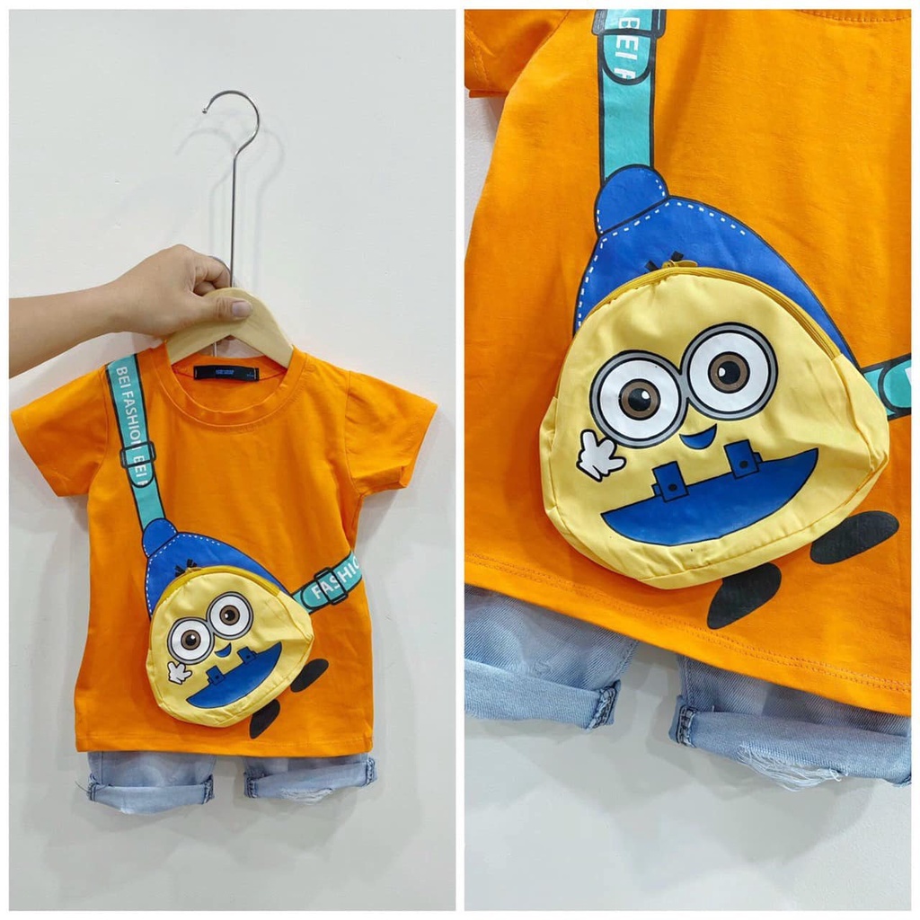 Set bộ phông quần jeasn có túi họa tiết minion cho bé 8-25kg