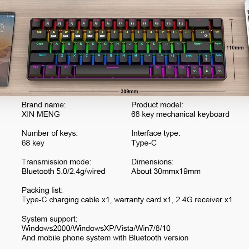 Bàn Phím Cơ không dây mini Đa kết nối RF68 Black chống ồn Gaming cho máy tính