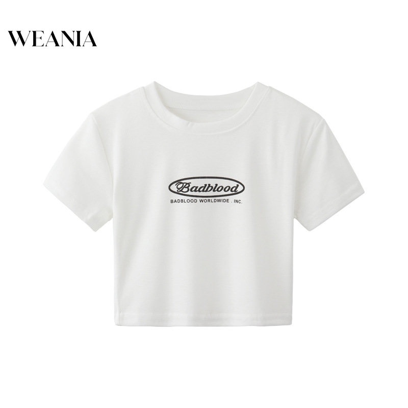 Weania Young Lady Áo Thun Crop Top Ôm Dáng In Chữ Phong Cách Hàn Quốc Cho Nữ