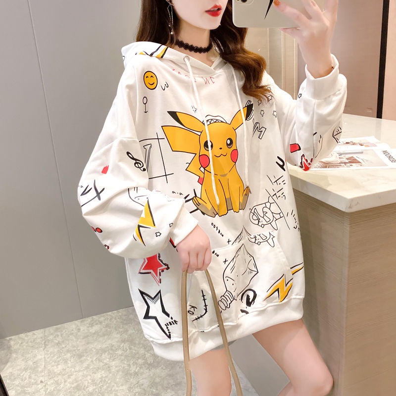 Áo Khoác sweater Mỏng / Dài Vừa Dáng Rộng Có Mũ Trùm In Hình Pikachu Kiểu Hàn Quốc Thời Trang Xuân Thu 2022 Mới