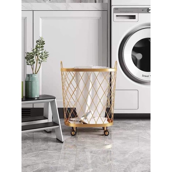 (HÀNG NHẬP CAO CẤP )Giỏ để đồ quần áo có bánh xe cao cấp tiện dụng, cao cấp, giỏ vàng kim loại.