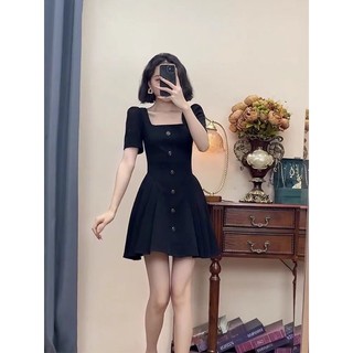 (Có BigSize) Đầm Váy Đen Cổ Vuông Xếp Li Eo Phối Nút