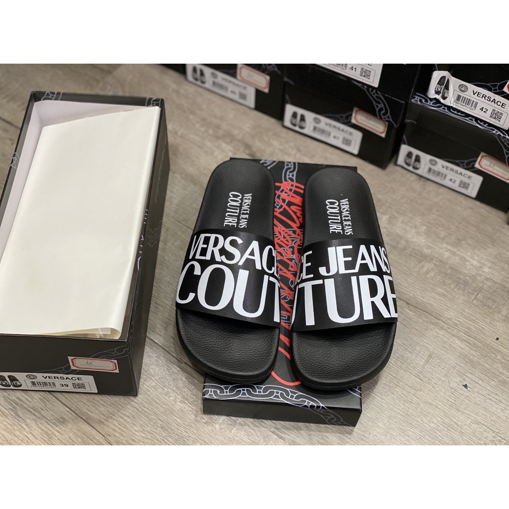 Dép Nam Versace Jeans Couture Logo Slippers In Black Màu Đen