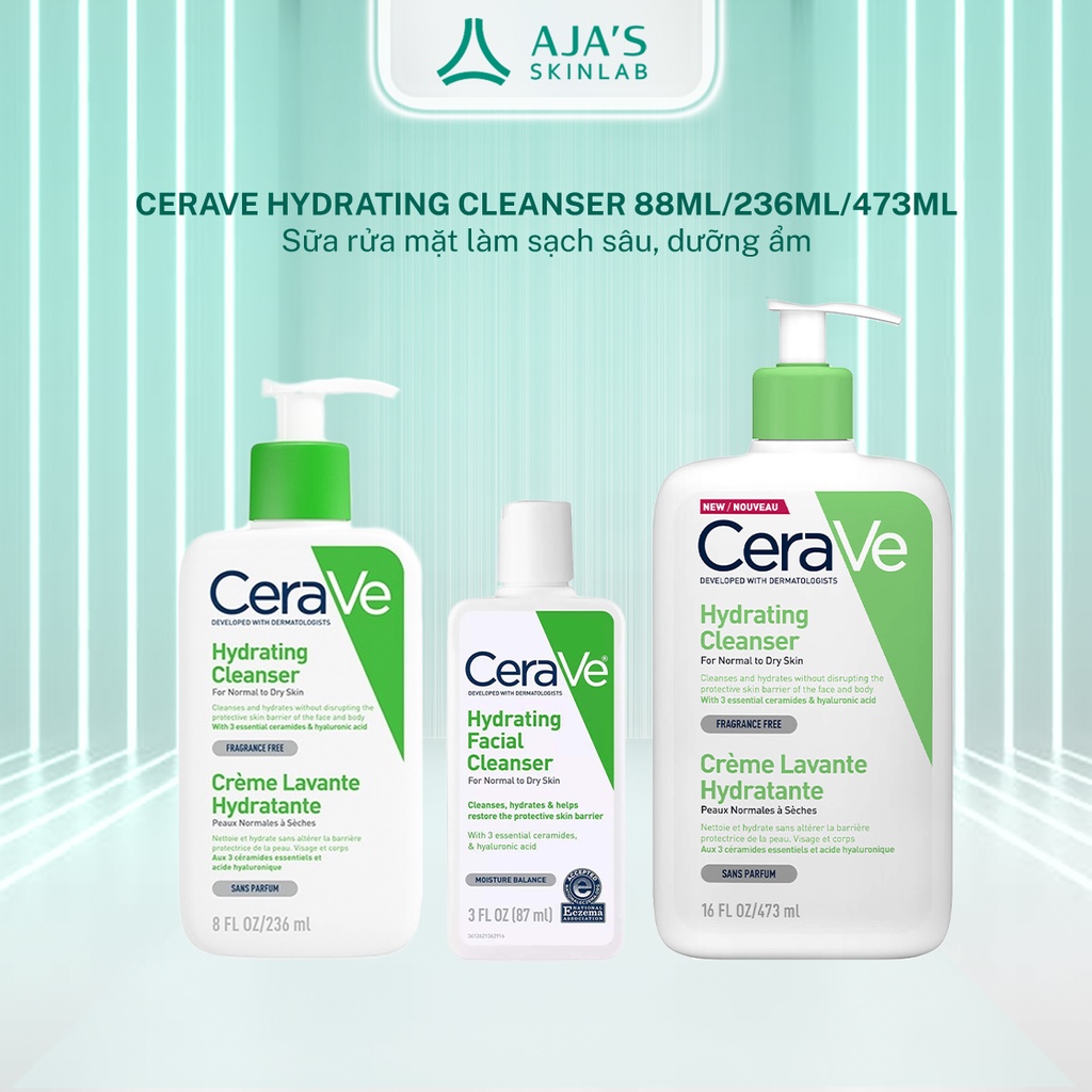 Sữa rửa mặt Cerave Hydrating Cleanser làm sạch sâu dành cho da thường và da khô 88ML/236ML/473ML - AJA'S SKINLAB